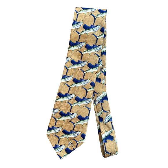 Guy Harvey Classic 100% Silk Fish Tie Gold - Picture 1 of 4